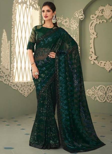 Dark Green Colour Sparkle TFH New Latest Designer Party Wear Smooth Georgette Saree Collection 7205